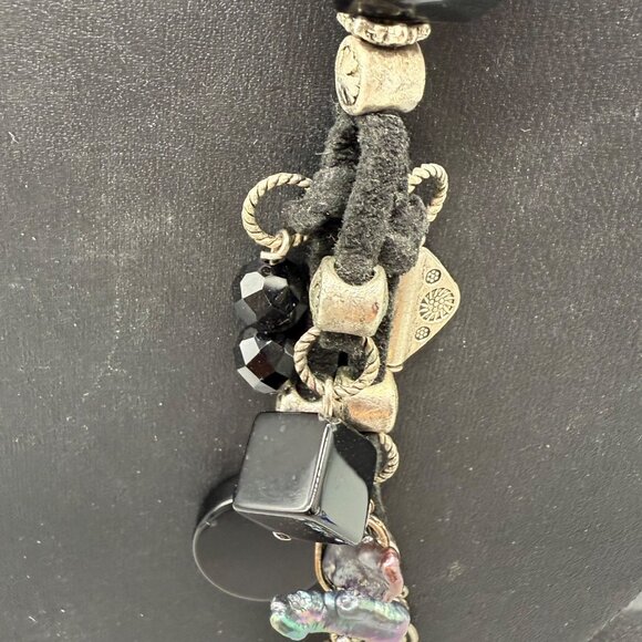 Handcrafted Black Beaded Long Pendant Necklace With Leather Cord & Silver Accent - Picture 5 of 6